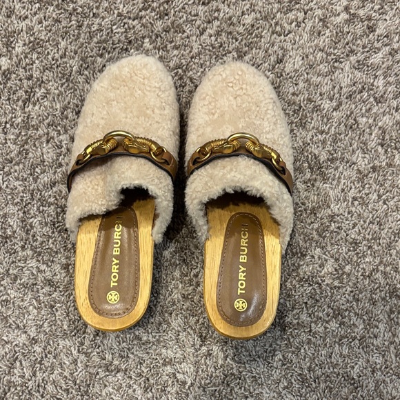 Tory Burch Shoes - Tory Burch Beige Shearling Mules with Gold Accents